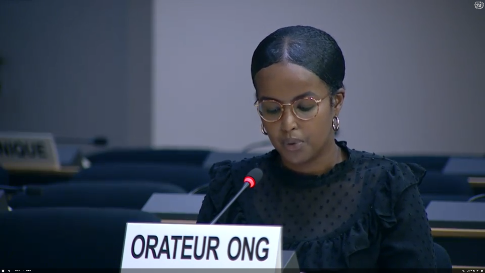Screenshot (10) Human Rights and Refugees Programme Assistant Najmah Ali delivering oral statement.